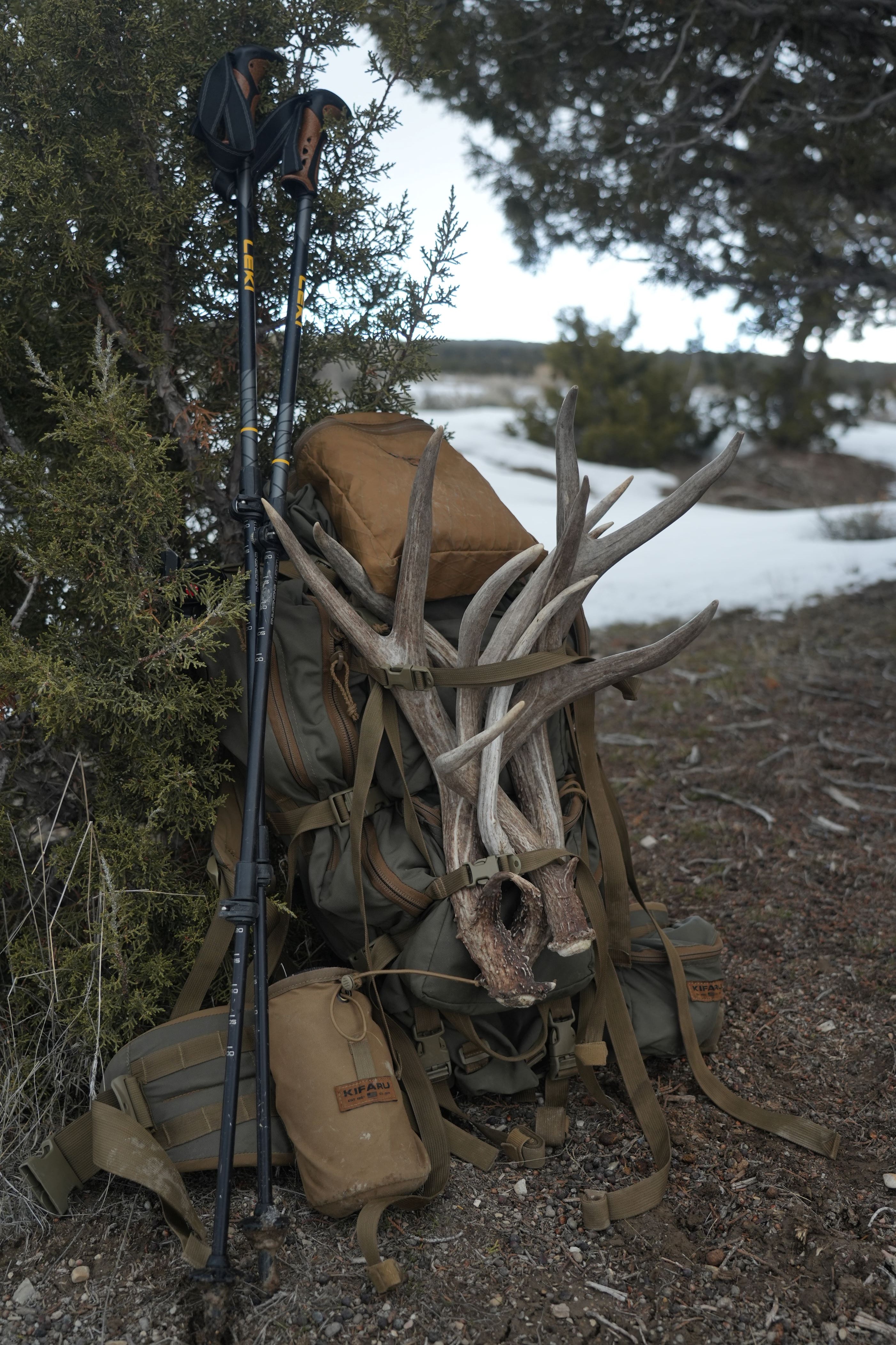 A hike bag full of other stuff and horns in it